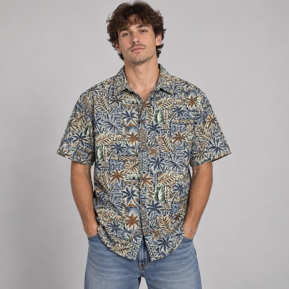 Vintage Campia Moda Shirt Mens M Blue Tropical Palm Tree Hawaiian Button Down